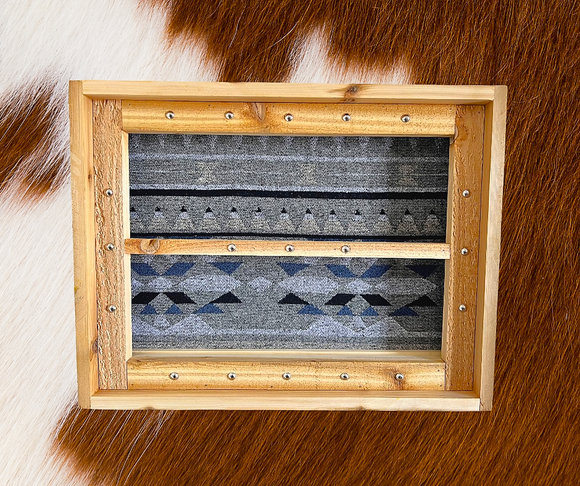 Western Belt Buckle Display Case - Southwestern Design Wool Background - Wyoming Wood Smith
