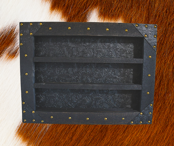 Western Belt Buckle Display Case - Tooled Faux Leather Background - Wyoming Wood Smith