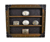 Western Belt Buckle Display with Tooled Faux Leather Background - Wyoming Wood Smith