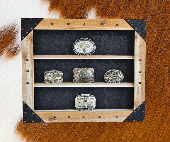 Western Belt Buckle Display Case - Tooled Faux Leather Background